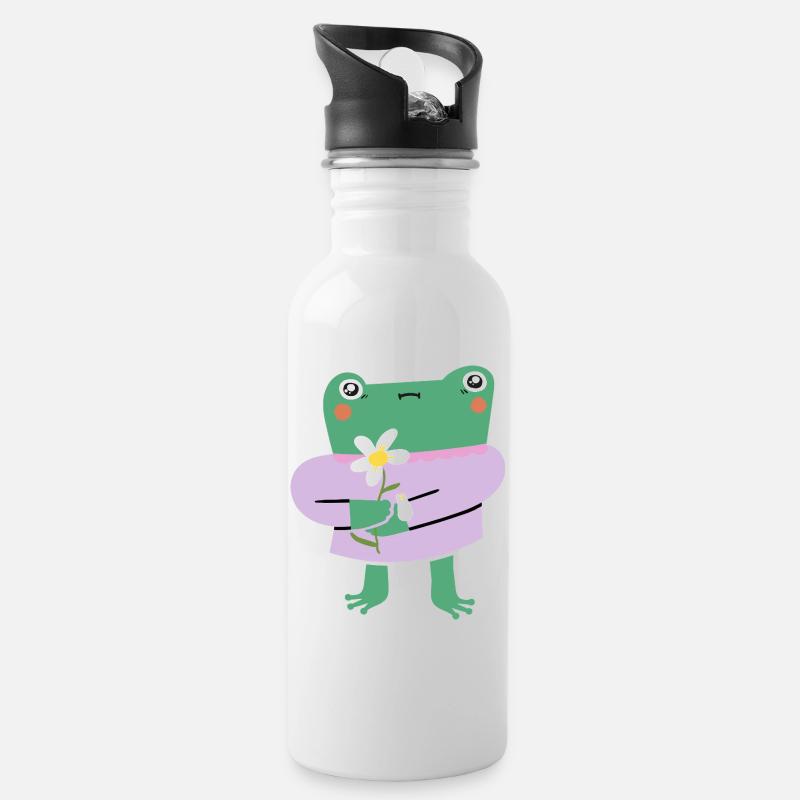 Süßer Frosch mit Blume – Wholesome Vibes - Trinkflasche mit integriertem Trinkhalm - Weiß