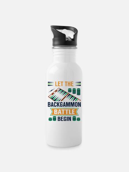Backgammon Spiel - Trinkflasche mit integriertem Trinkhalm - Weiß