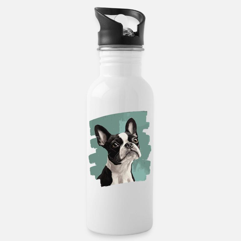 Boston Terrier - Trinkflasche mit integriertem Trinkhalm - Weiß