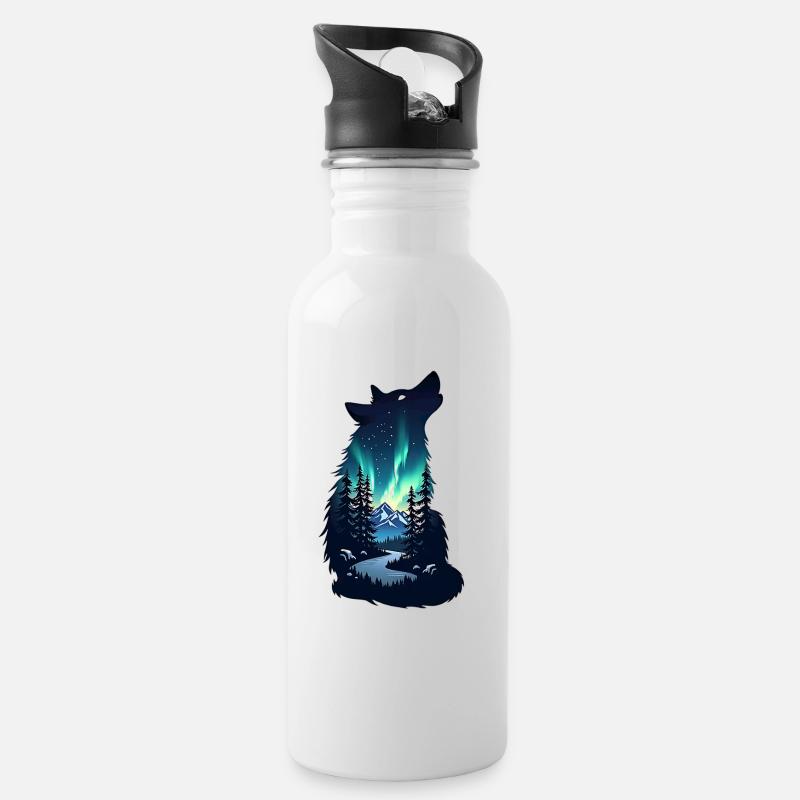 Silhouette de loup de nuit aurores boréales - Gourde avec paille intégrée - blanc