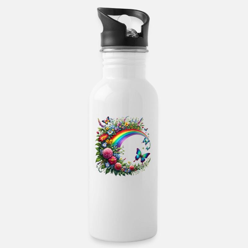 Vrille florale fleur papillon floral arc-en-ciel - Gourde avec paille intégrée - blanc