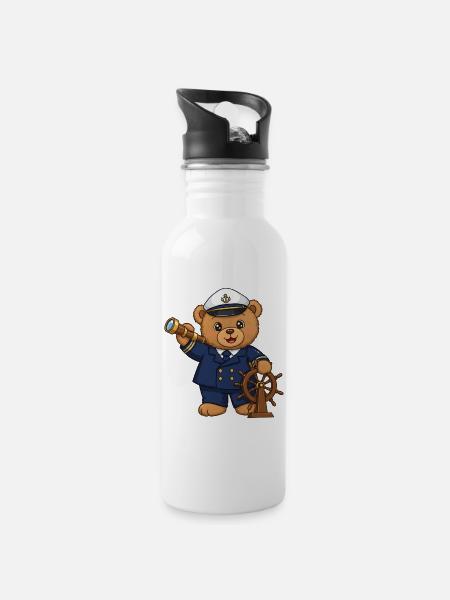Teddybär Kapitän zur See - Trinkflasche mit integriertem Trinkhalm - Weiß