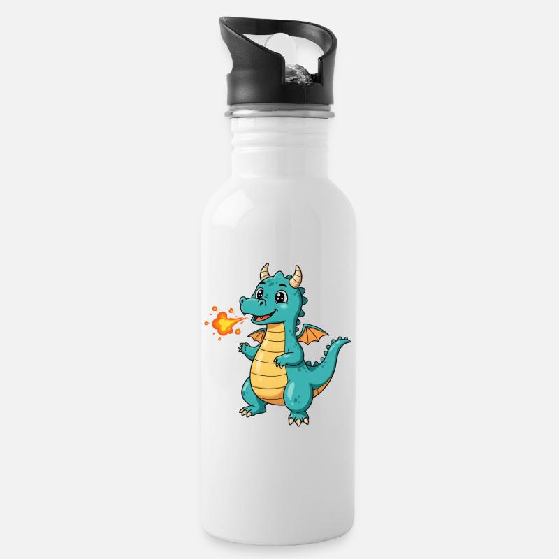 Dino Cartoon Drache mit Feuer - Trinkflasche mit integriertem Trinkhalm - Weiß