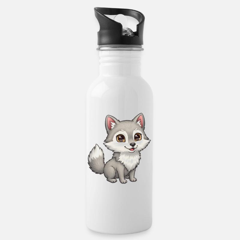 Dessin animé animalier loup - Gourde avec paille intégrée - blanc