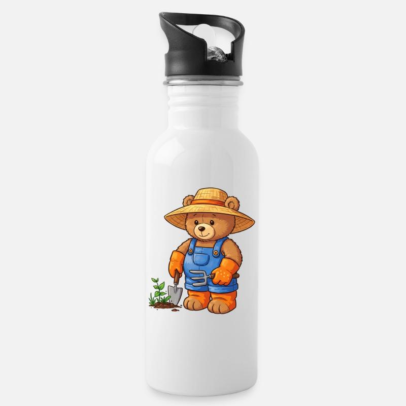 Teddybär Gärtner - Trinkflasche mit integriertem Trinkhalm - Weiß
