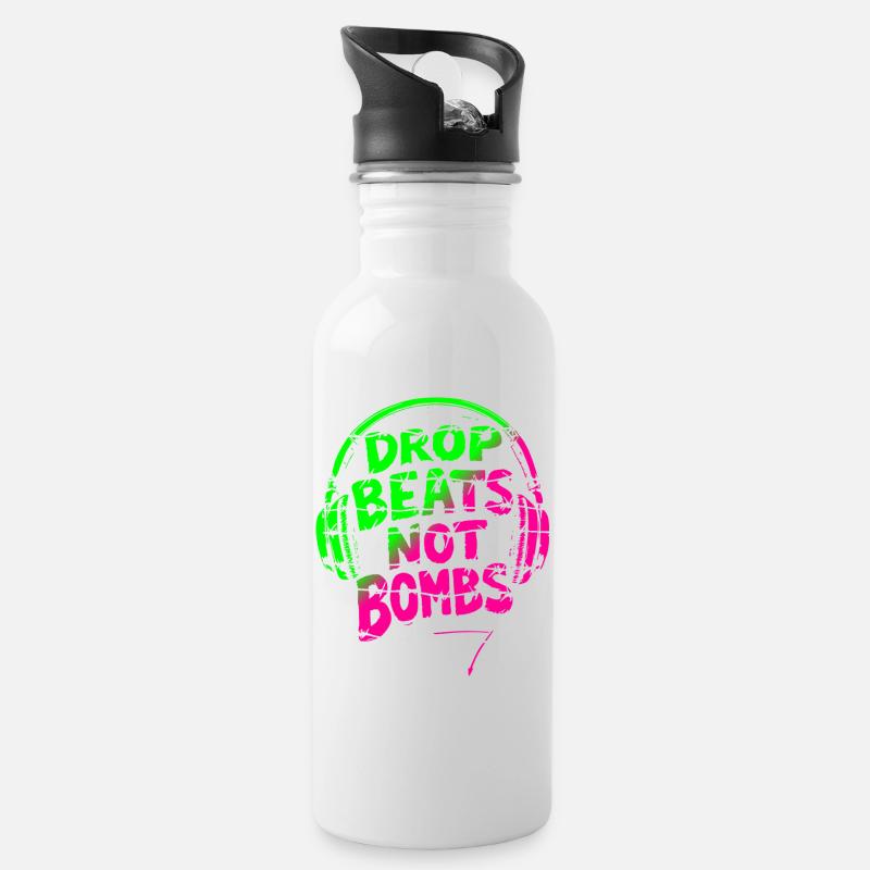 Drop Beats Not Bombs green pink - Trinkflasche mit integriertem Trinkhalm - Weiß