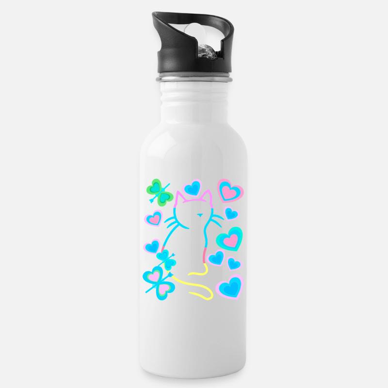 Retro Katze Katzen - Trinkflasche mit integriertem Trinkhalm - Weiß