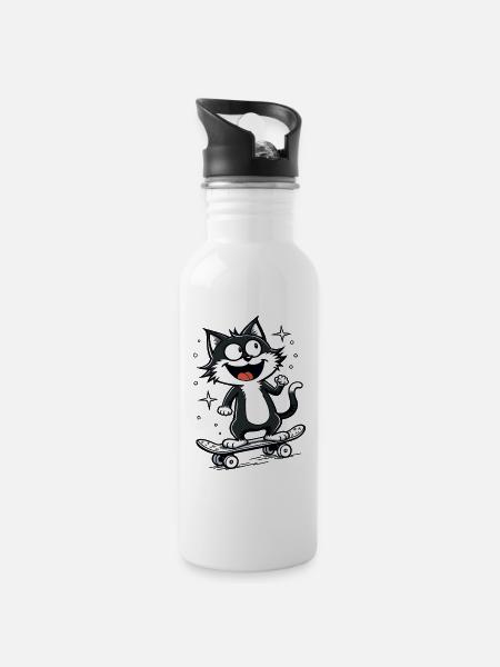 Skateboarder Skater Katze Skateboard Skaten - Trinkflasche mit integriertem Trinkhalm - Weiß