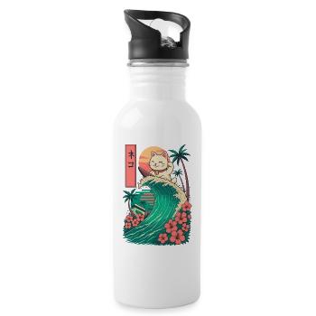 Cat Katze Animal Japanese Surfing Flower Sunset - Water bottle with straw - white - Right