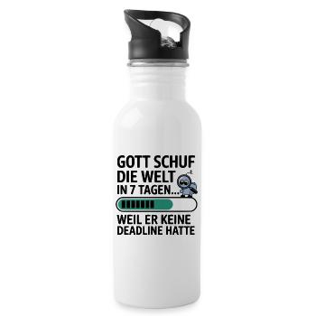 Gott schuf die Welt in 7 Tagen… keine Deadline - Trinkflasche mit integriertem Trinkhalm - Weiß - Rechts