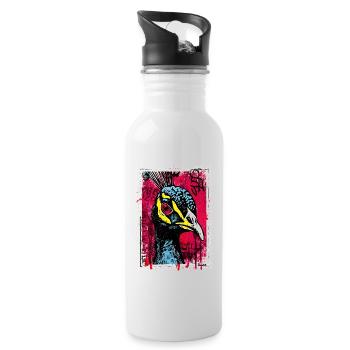 Pfau mit pinkem Blick im Streetart-Look - Trinkflasche mit integriertem Trinkhalm - Weiß - Rechts
