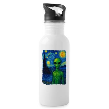 Green Alien UFO Starry Night Van Gogh Painting - Water bottle with straw - white - Right
