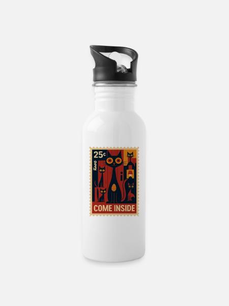 Briefmarke mit Katzen im Deco-Art Stil - Trinkflasche mit integriertem Trinkhalm - Weiß