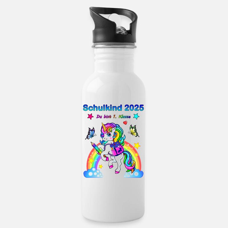 Einhorn Schulkind 2025 - Trinkflasche mit integriertem Trinkhalm - Weiß