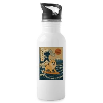Pomeranian Dog Lover Surfing Great Wave Mount Fuji - Water bottle with straw - white - Right