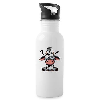 Cute Confused Cow Cartoon Funny Clumsy - Water bottle with straw - white - Right