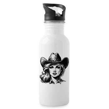 Retro Cow Girl, Line Art Western Style - Trinkflasche mit integriertem Trinkhalm - Weiß - Rechts