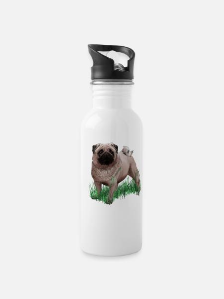 Mops - Trinkflasche mit integriertem Trinkhalm - Weiß