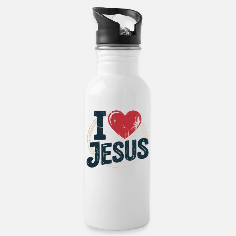 Herz Jesus Kreuz Design - Trinkflasche mit integriertem Trinkhalm - Weiß