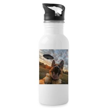 Schäferhund Selfie mit UFO - Trinkflasche mit integriertem Trinkhalm - Weiß - Rechts