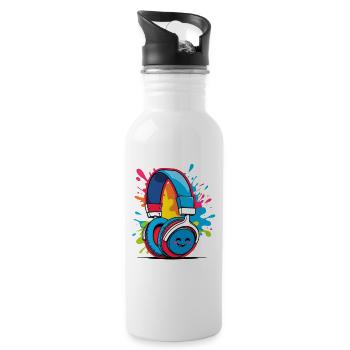 Bunte Kopfhörer Illustration mit Smileygrafik - Trinkflasche mit integriertem Trinkhalm - Weiß - Rechts