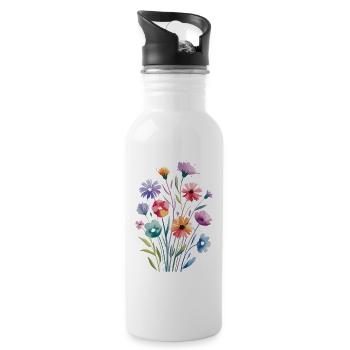 Bouquet de fleurs à l'aquarelle aux couleurs pastel - Gourde avec paille intégrée - blanc - Droite