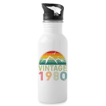 Retro Mountain Sunset Illustration - Water bottle with straw - white - Right