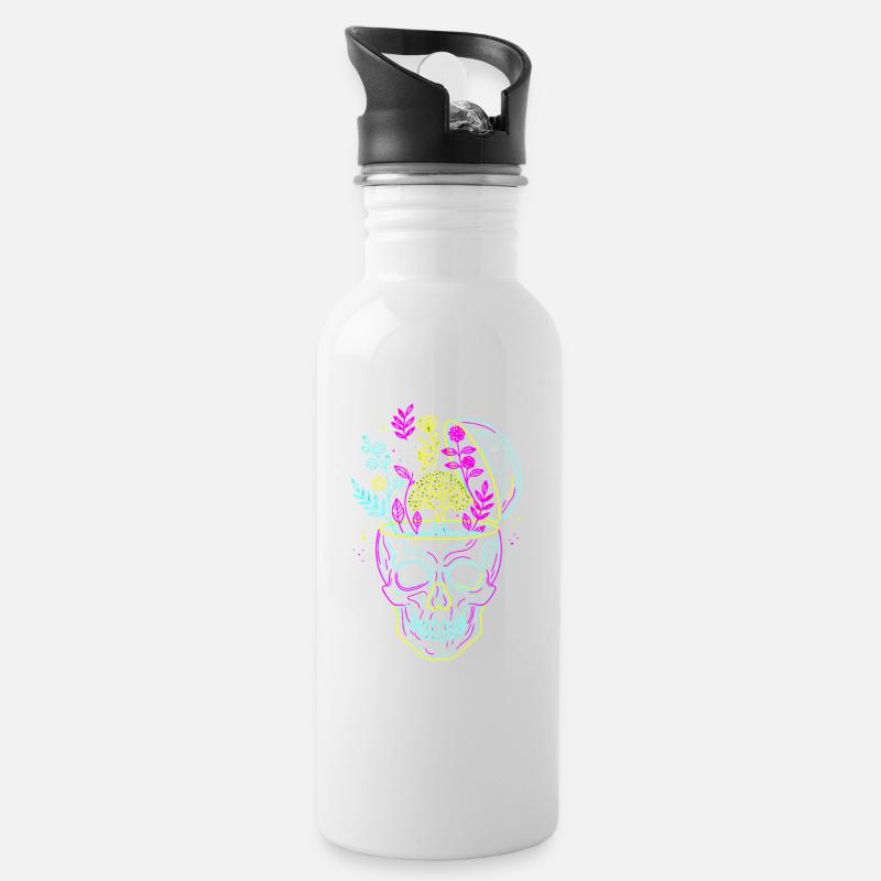 Die Gedanken sind frei - Neon Schädel - Trinkflasche mit integriertem Trinkhalm - Weiß