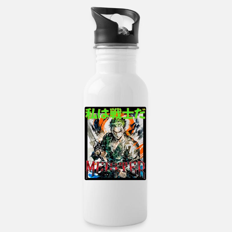 Anime Held Mit Messer und grüner Haarmähne - Trinkflasche mit integriertem Trinkhalm - Weiß
