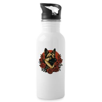 Elegant German Shepherd with Rose Motif - Water bottle with straw - white - Right