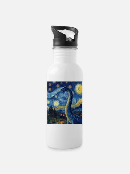 Brachiosaurus Dino Van Gogh Style Starry - Trinkflasche mit integriertem Trinkhalm - Weiß