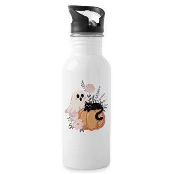 Geist Kürbis Katze Vintage Blumen Halloween Herbst - Trinkflasche mit integriertem Trinkhalm - Weiß - Rechts