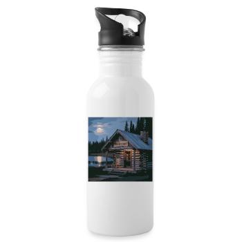 Rustic Lake Cabin Night Scene - Water bottle with straw - white - Right