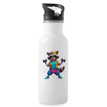 Raffinierter Waschbär Fitnessheld - Trinkflasche mit integriertem Trinkhalm - Weiß - Rechts