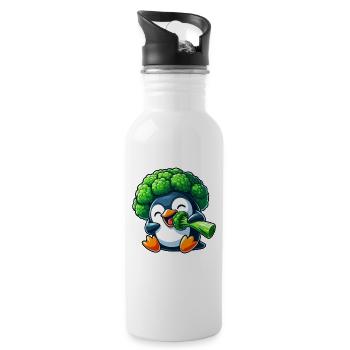 Funny Penguin with Broccoli Vegetable Hat Vegan - Water bottle with straw - white - Right