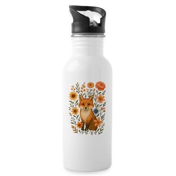 Fuchs mit Blumen Cottagecore - Trinkflasche mit integriertem Trinkhalm - Weiß - Rechts