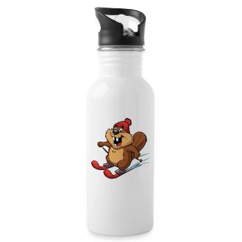 Winter Beaver Skier Cartoon - Water bottle with straw - white - Right