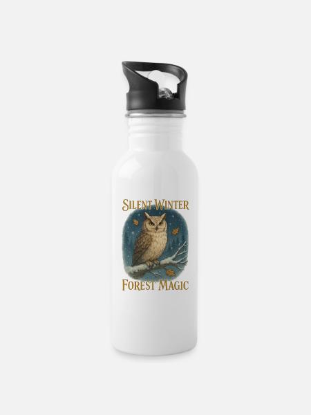 Eulen Winter - Trinkflasche mit integriertem Trinkhalm - Weiß