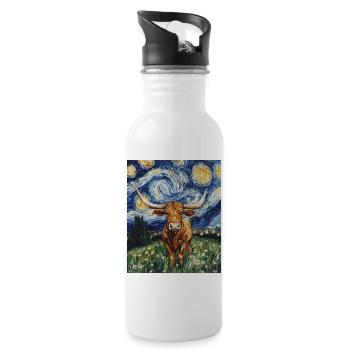 Longhorn Cow Cows Bull Van Gogh Starry Night - Water bottle with straw - white - Right