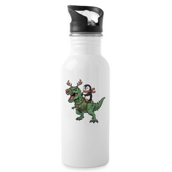 Penguin Rides T-Rex Funny Christmas Dinosaur - Water bottle with straw - white - Right