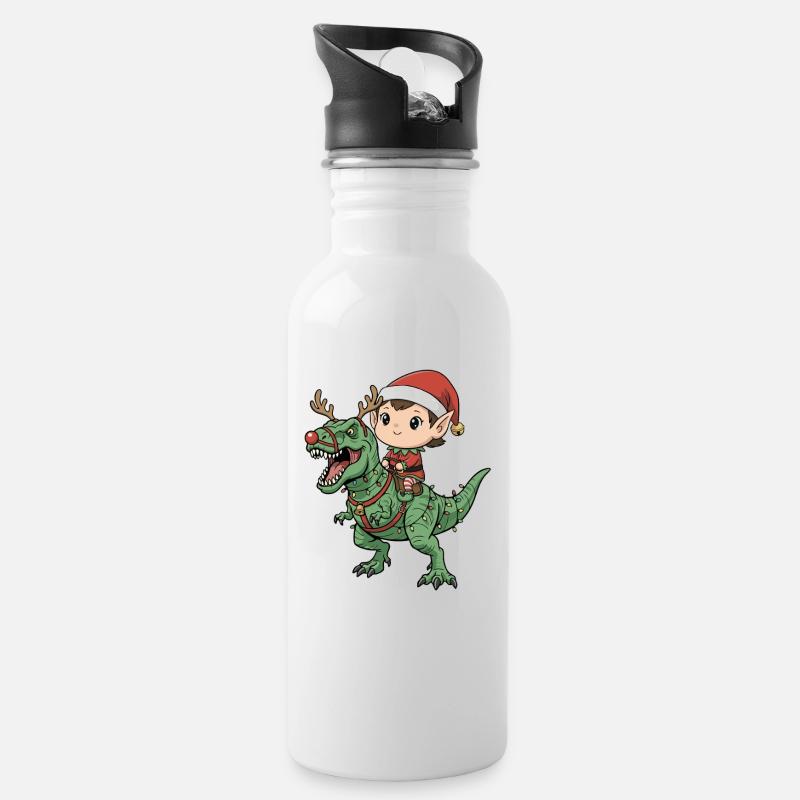 Junge Elf reitet T-Rex Lustiger Weihnachtsdinosaur - Trinkflasche mit integriertem Trinkhalm - Weiß