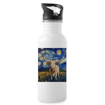 Longhorn Cow Cows Bull Van Gogh Starry Night - Water bottle with straw - white - Right