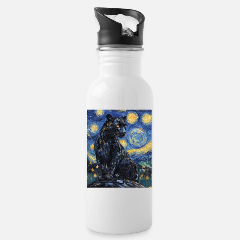 Panther Van Gogh Style Starry Night - Trinkflasche mit integriertem Trinkhalm - Weiß