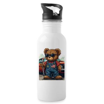 Bärenmechaniker im Musclecar - Trinkflasche mit integriertem Trinkhalm - Weiß - Rechts