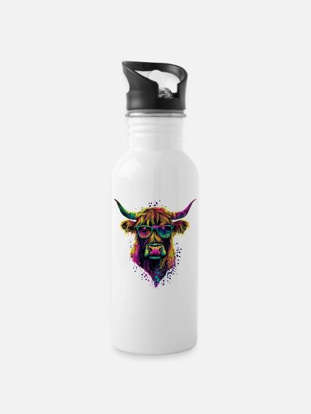 Cow Highland Cow Highland Cattle Cattle Farm Cows - Water bottle with straw - white