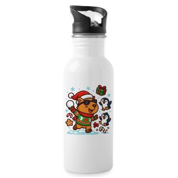 Happy Capybara with Penguins – Funny - Water bottle with straw - white - Right