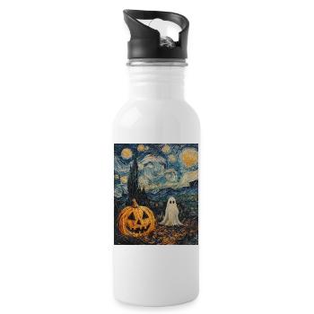 Pumpkin Ghost Halloween Van Gogh Style Starry Night - Water bottle with straw - white - Right