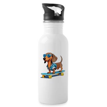Skaterhund im Denim mit Sonnenbrille - Trinkflasche mit integriertem Trinkhalm - Weiß - Rechts