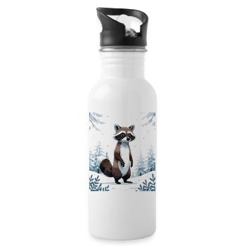 Winterlicher Waschbär im Wald - Trinkflasche mit integriertem Trinkhalm - Weiß - Rechts
