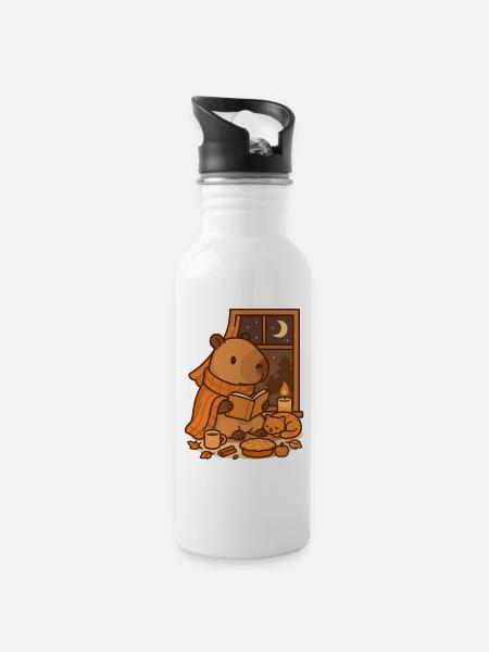 Capybara Reading Nook – Cozy Herbstabend - Trinkflasche mit integriertem Trinkhalm - Weiß